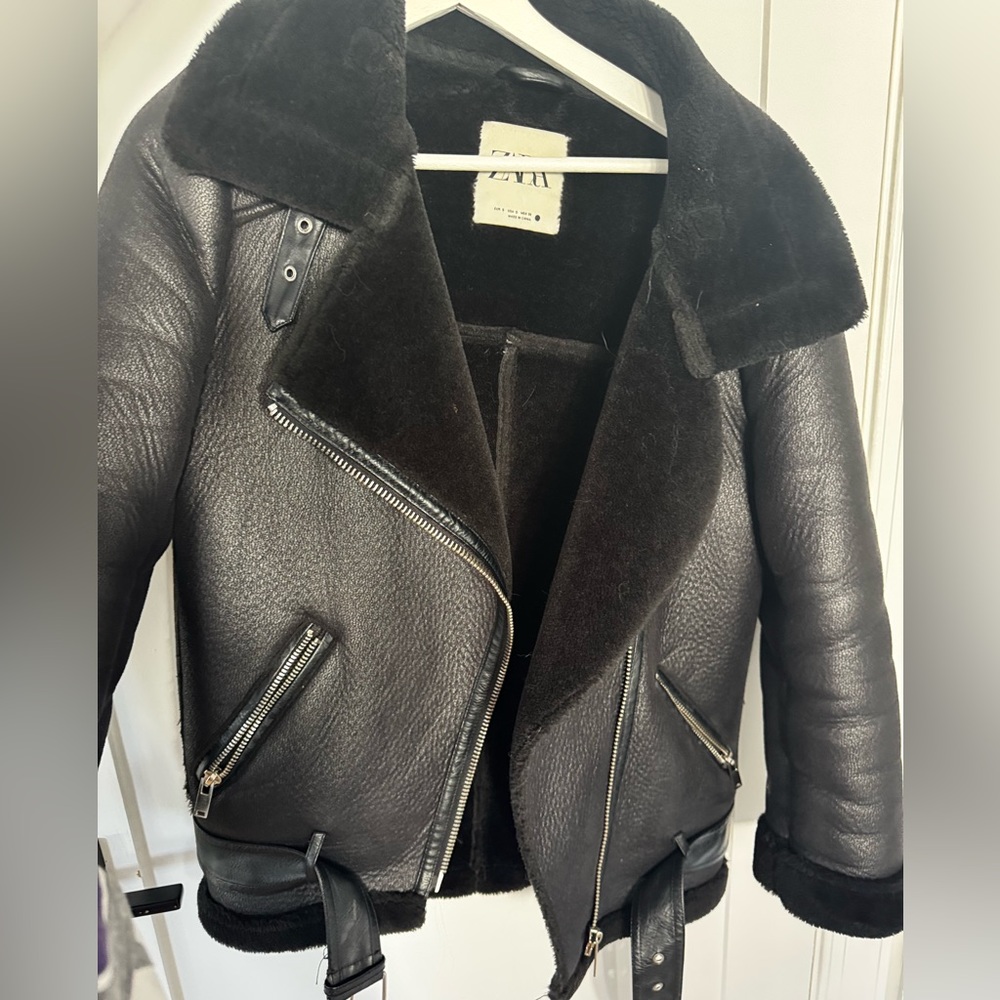 Zara Faux Fur Leather Jacket Black Size S